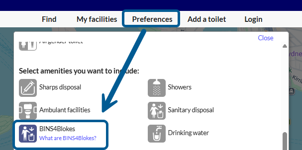 Screenshot showing where to select Preferences and add BINS4Blokes to your amenities list